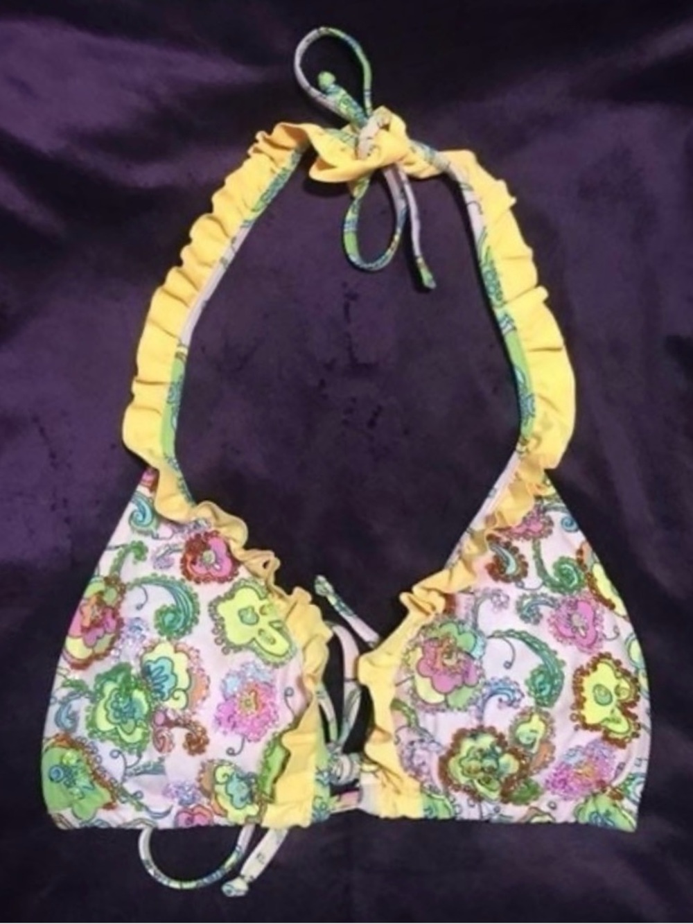 Babalu Yellow Floral Ruffle Trim Bikini Top - Size 36